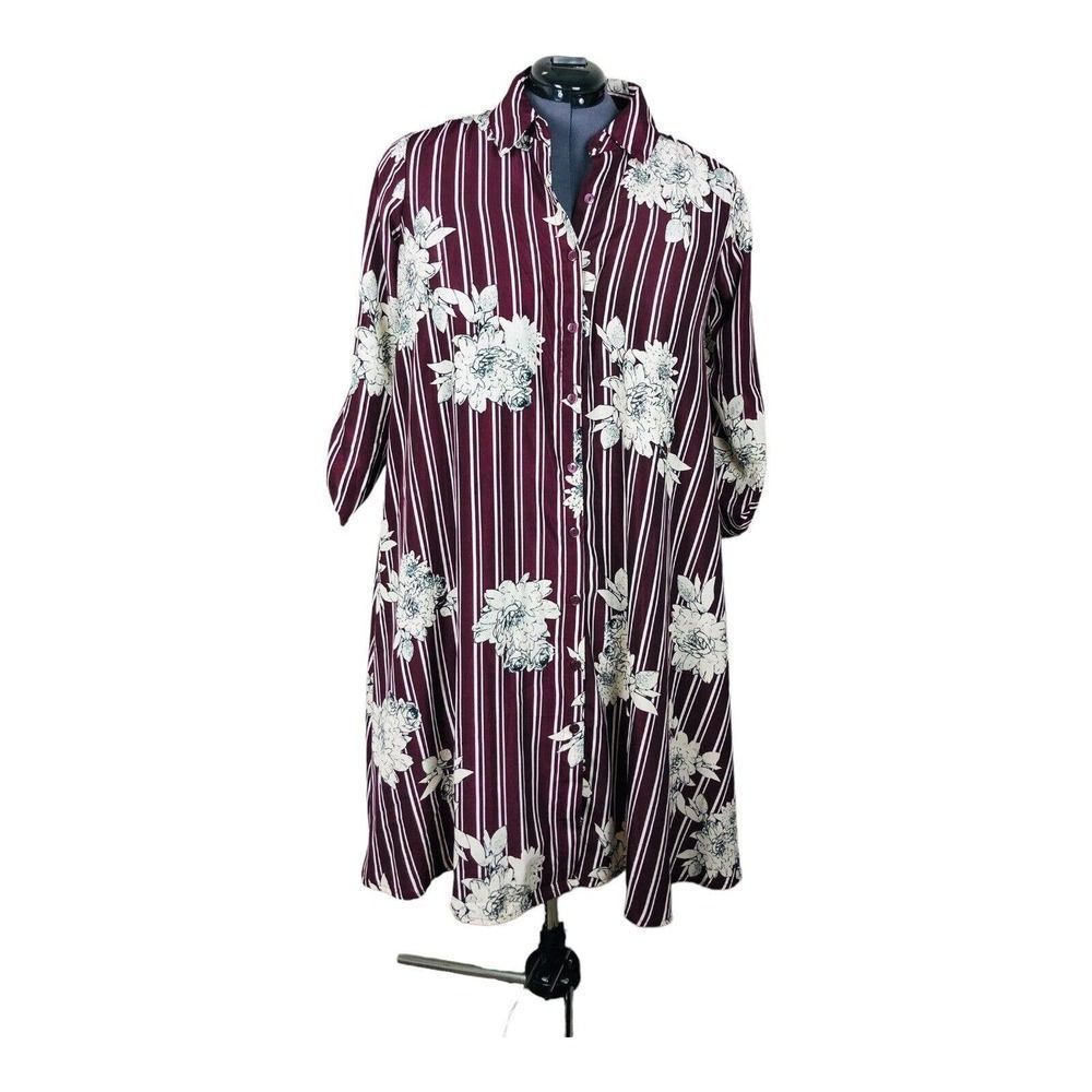 2133 NWT Women s 1x Burgundy Floral Striped Collard Shirt Dress